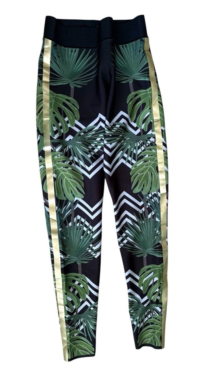 ULTRACOR Palm Leaf Green and Black Training Leggings Size Small Gold Stripe